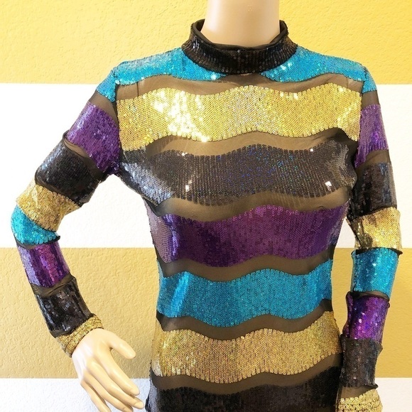 High Neck Colorful Striped Glitter Sexy Sequin Bodycon Clubwear Dress - Picture 2 of 9